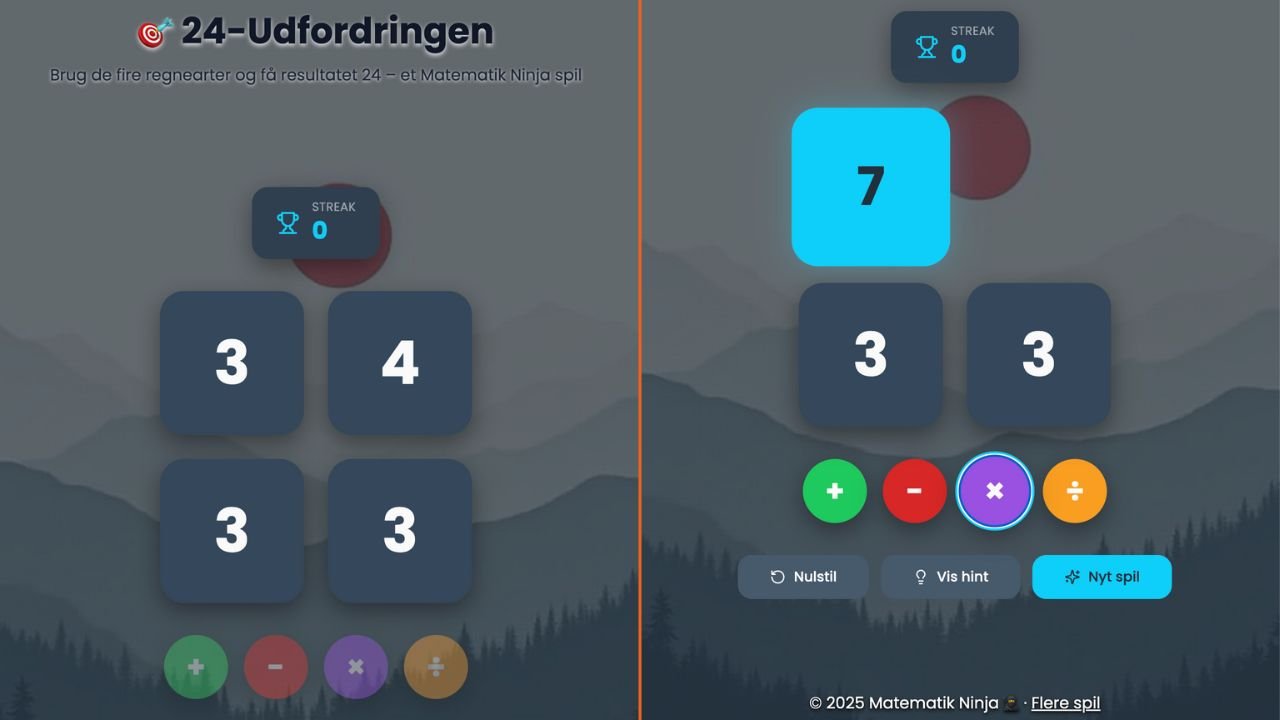 24-Udfordringen – spilskærm fra Matematik Ninja hvor elever bruger plus, minus, gange og division for at få resultatet 24