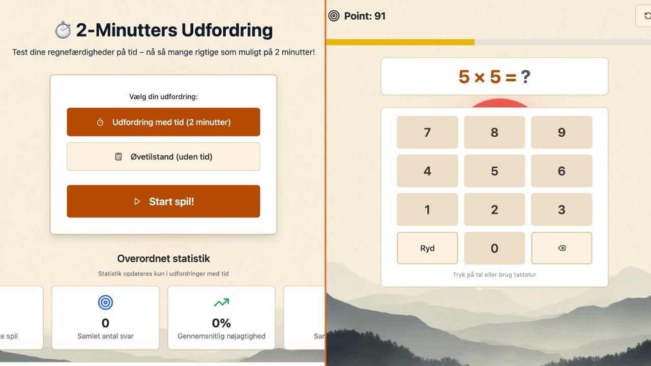 2-Minutters Udfordring – Matematik Ninja spil om hurtig regning på tid