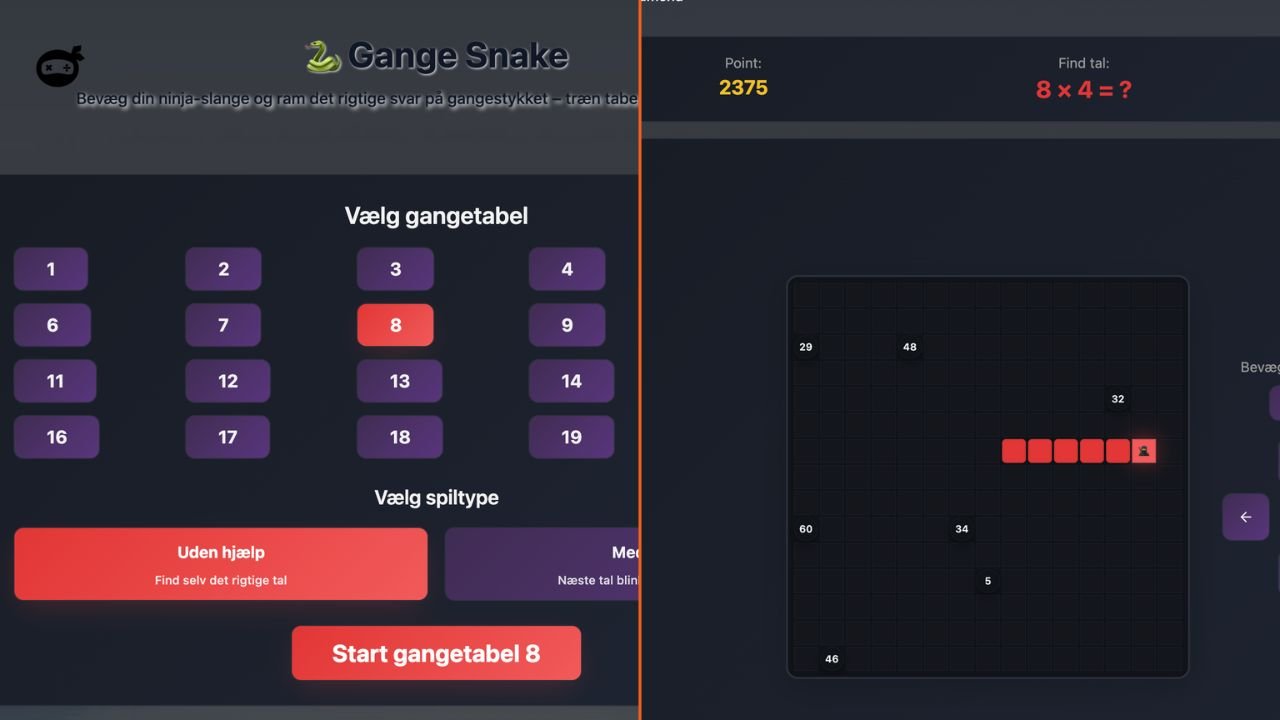 Gange Snake – et Matematik Ninja spil hvor du styrer en slange for at ramme det rigtige svar på gangestykket