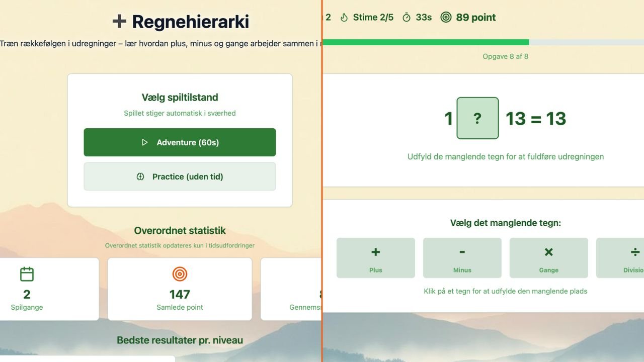 Regnehierarki – et Matematik Ninja spil hvor du vælger det rigtige regnetegn for at fuldføre udregningen
