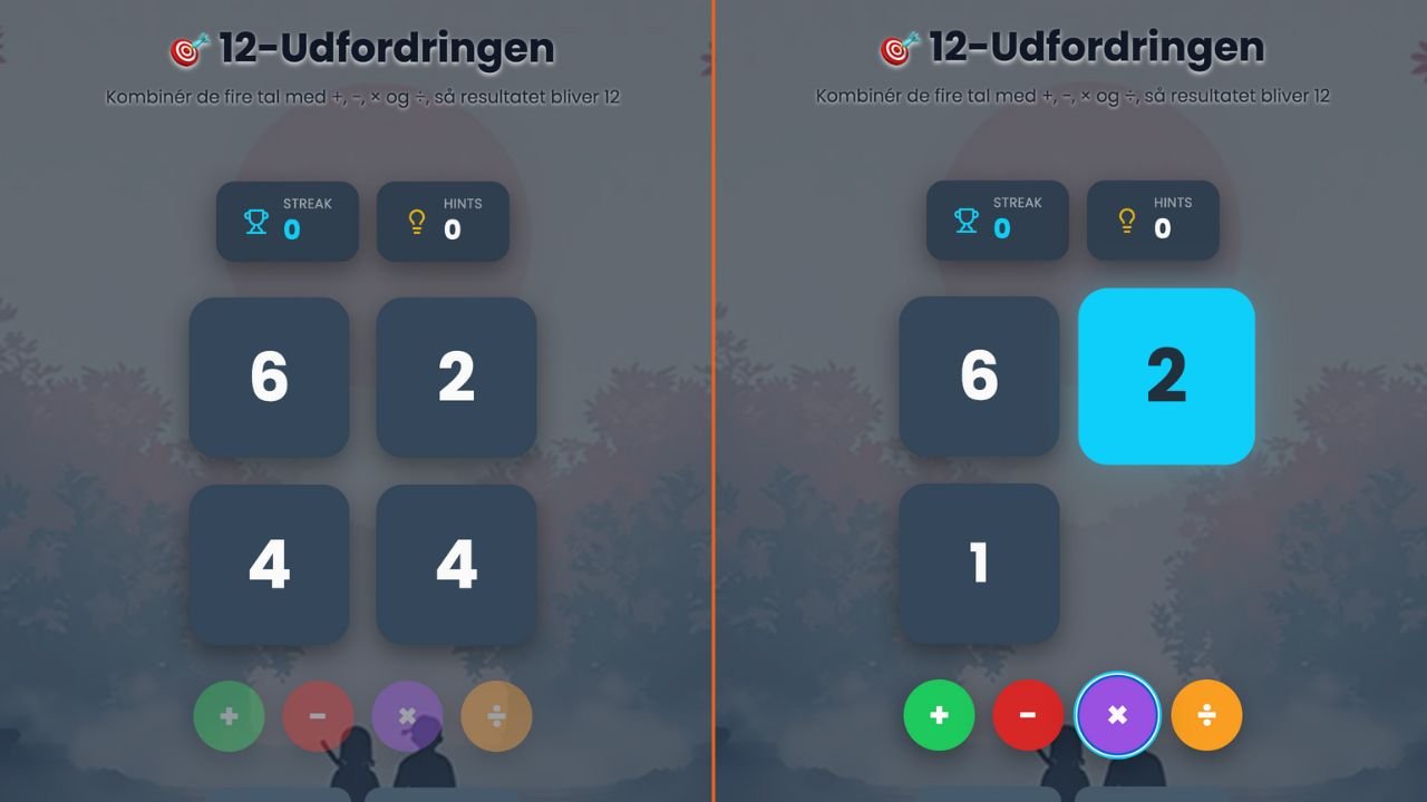 12-Udfordringen – spilskærm fra Matematik Ninja hvor elever bruger plus, minus, gange og division for at få resultatet 12