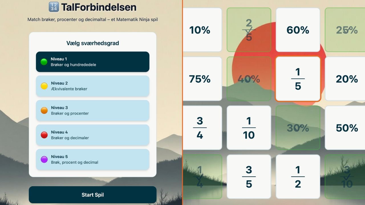TalForbindelsen fra Matematik Ninja – spil hvor elever matcher brøk, procent og decimal i forskellige sværhedsgrader.