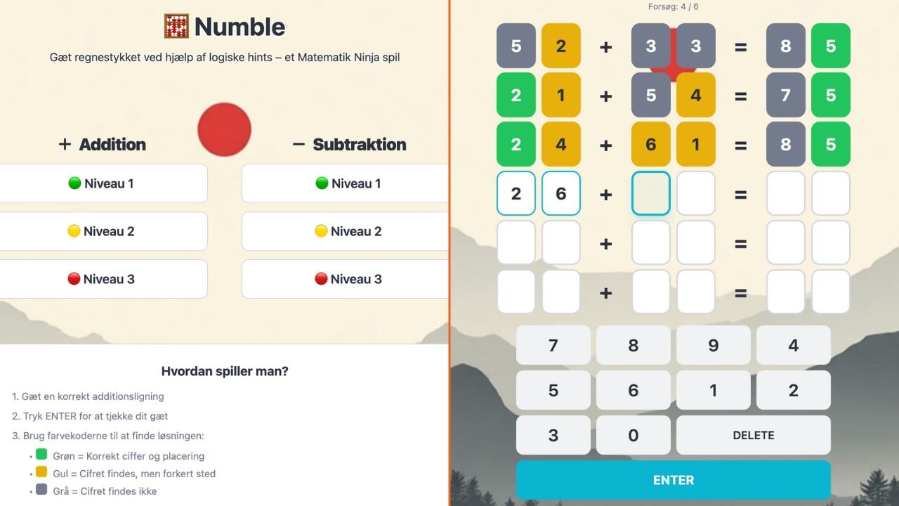 Numble – matematikspil hvor elever kombinerer tal og regnearter for at ramme et måltal.