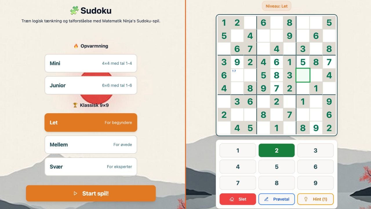 kærmbillede af Matematik Ninja Sudoku-spil med et 9×9 sudoku-bræt, niveaumarkering ‘Let’ og numpad nederst – baggrund med japansk inspireret landskab og rolige farver.