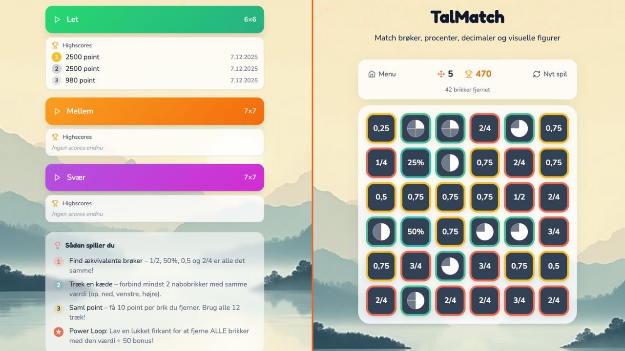 TalMatch-spil med brøker, procenter, decimaler og visuelle talformer, som elever forbinder for at styrke talforståelsen.