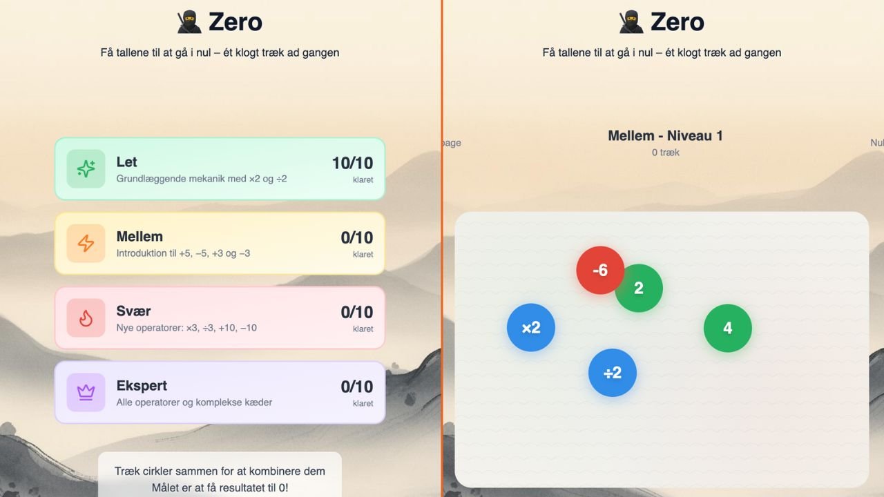 Zero matematikspil med tal og operatorer som plus, minus, gange og division, der kombineres for at nå nul