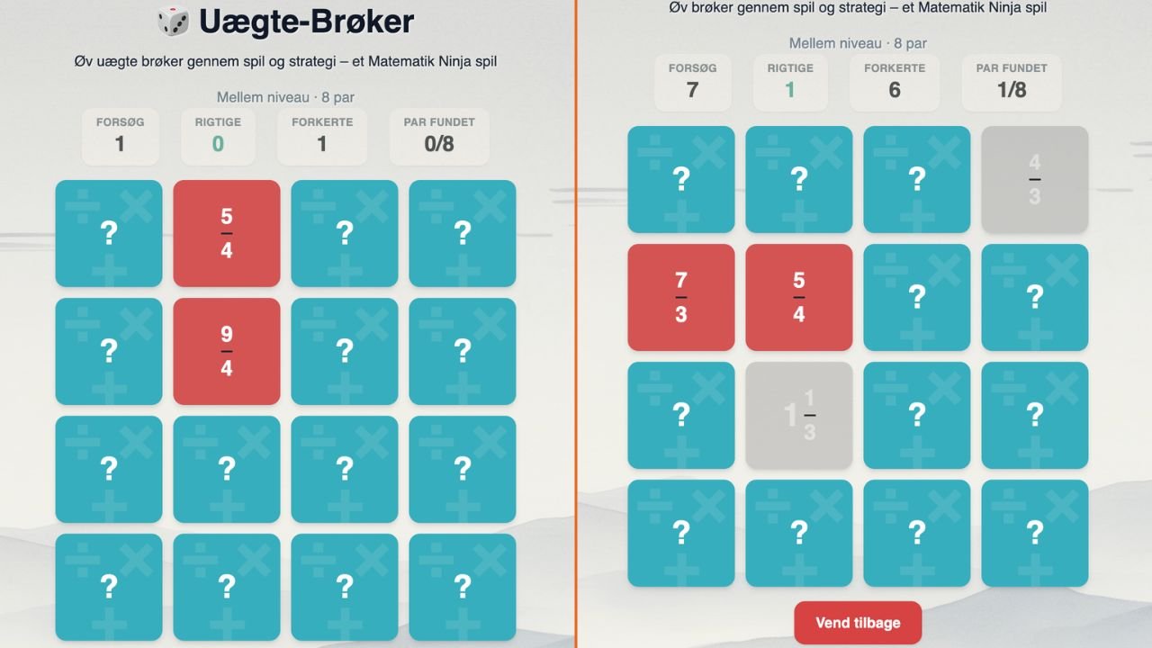 Uægte-brøker brøkspil hvor elever matcher uægte brøker og blandede tal – Matematik Ninja læringsspil til grundskolen