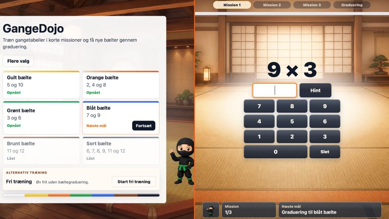 GangeDojo – adaptivt matematikspil hvor elever træner gangetabeller og optjener ninja-bælter gennem missioner.