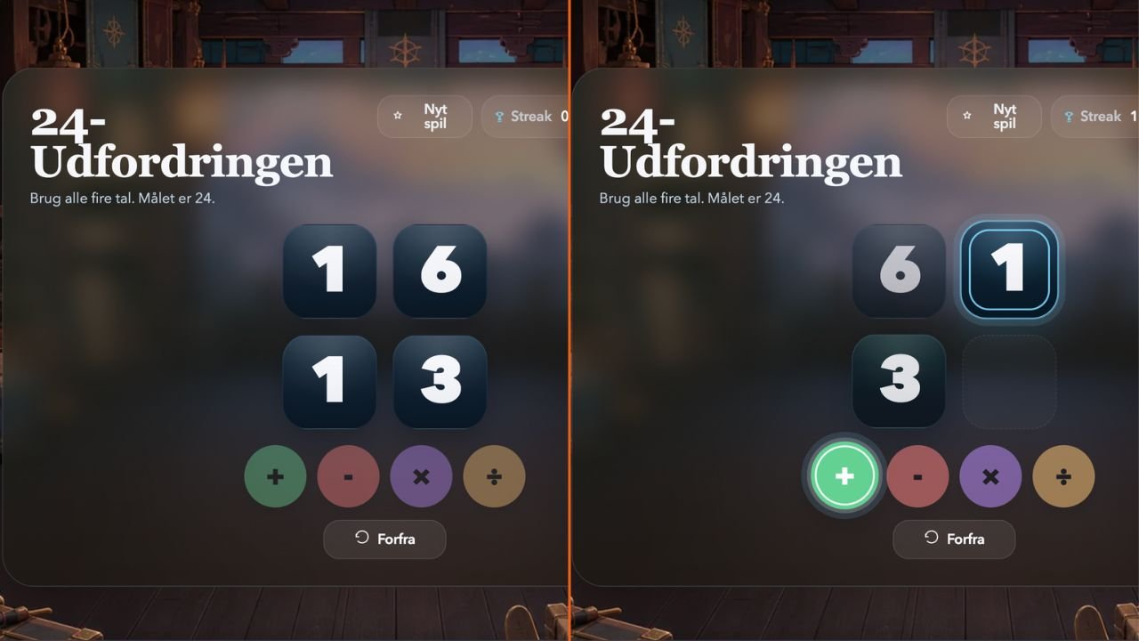 24-Udfordringen – spilskærm fra Matematik Ninja hvor elever bruger plus, minus, gange og division for at få resultatet 24