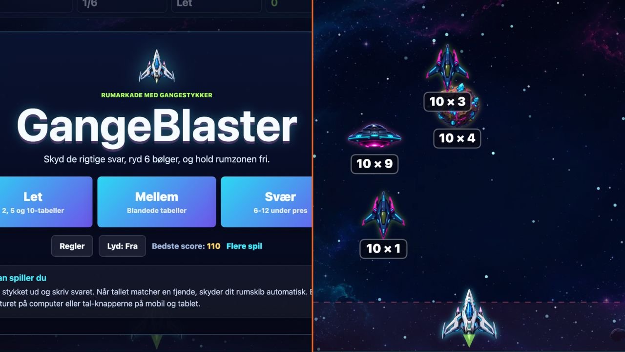 Skærmbillede fra GangeBlaster, et rum-inspireret matematikspil hvor elever skriver facit på gangestykker for at skyde fjender ned.