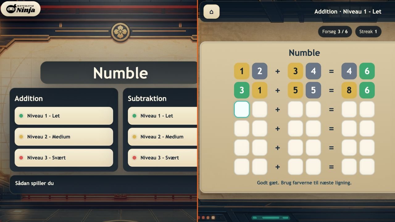 Numble – matematikspil hvor elever kombinerer tal og regnearter for at ramme et måltal.