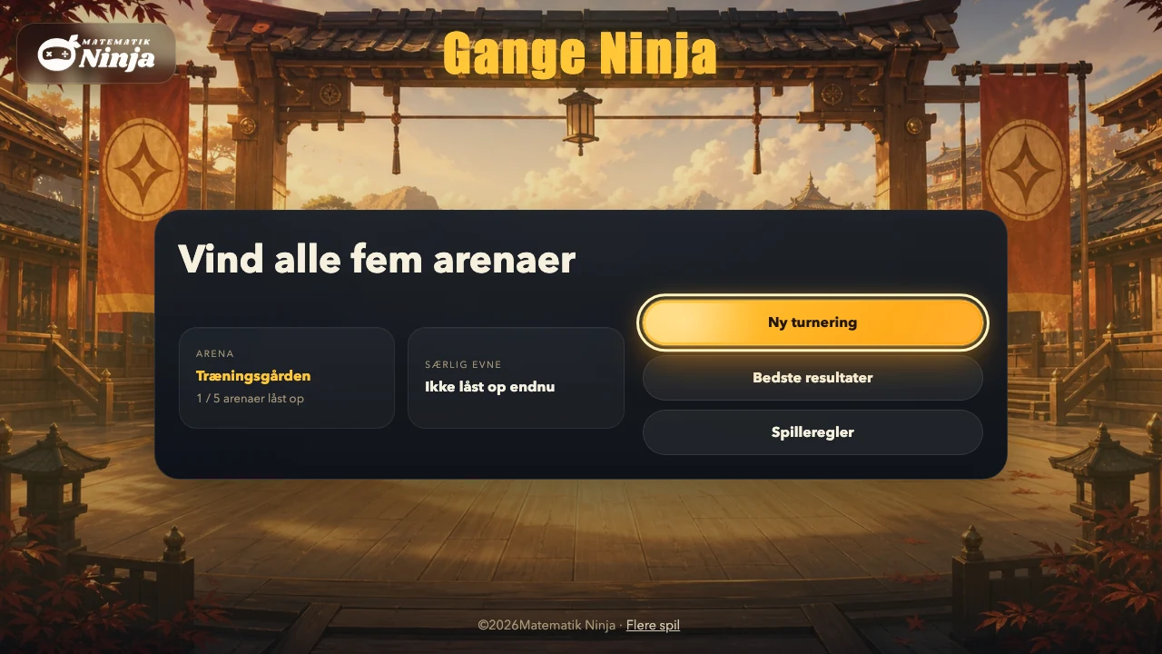Gange Ninja-menuen viser Træningsgården, arenaoversigten og knappen Ny turnering.