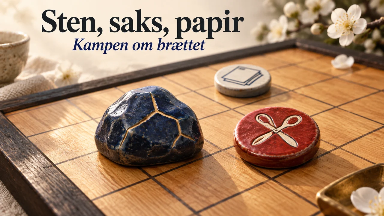 En indigoblå keramisk kampesten møder en cinnoberrød saksbrik på et varmt træbræt, mens en papirbrik venter bagved.