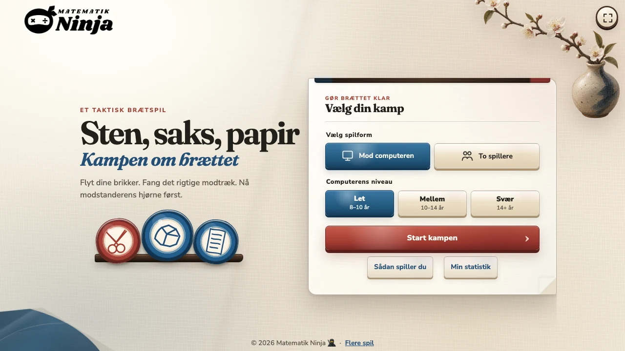 Spillets menu viser valg mellem computer og to spillere samt tre aldersopdelte computerniveauer.