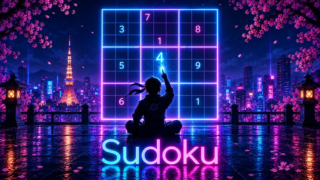 En ung ninja sidder mediterende på et vådt tag i Tokyo og løfter et lysende 4-tal ind i et neonfarvet Sudoku-bræt.