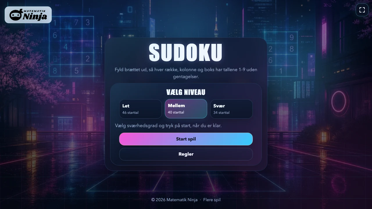 Sudoku-spillets menu med niveauet Mellem valgt blandt tre niveauer i en neonoplyst Tokyo-scene.