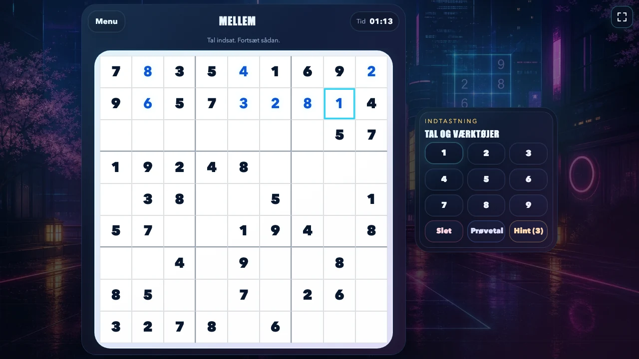 Et igangværende Sudoku-spil på niveauet Mellem med flere korrekte tal udfyldt og tiden 01:13.