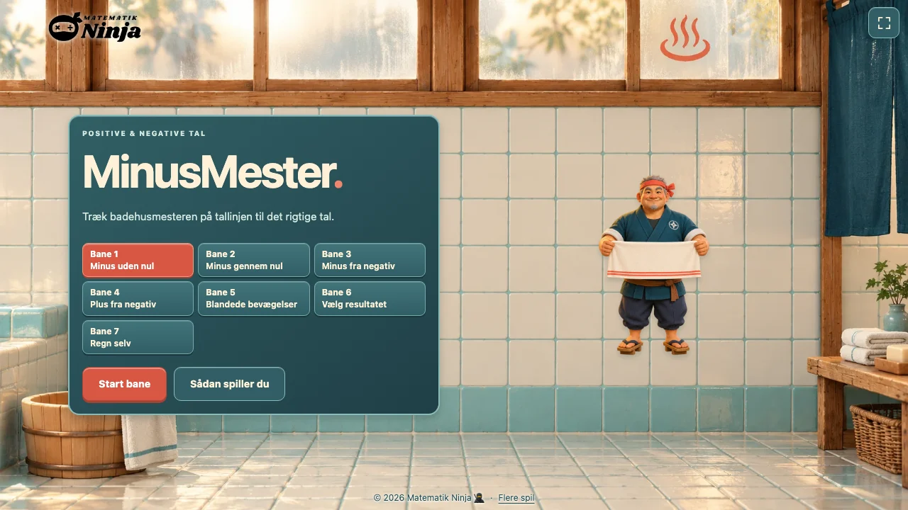 MinusMesters startmenu med syv baneknapper og badehusmesteren.