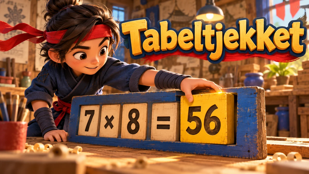 En ung ninja sætter svarbrikken 56 på plads i gangestykket 7 × 8 i et varmt træværksted.