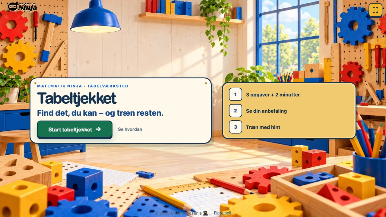 Tabeltjekkets startmenu viser forløbet med tabeltjek, anbefaling og træning i et farverigt træværksted.